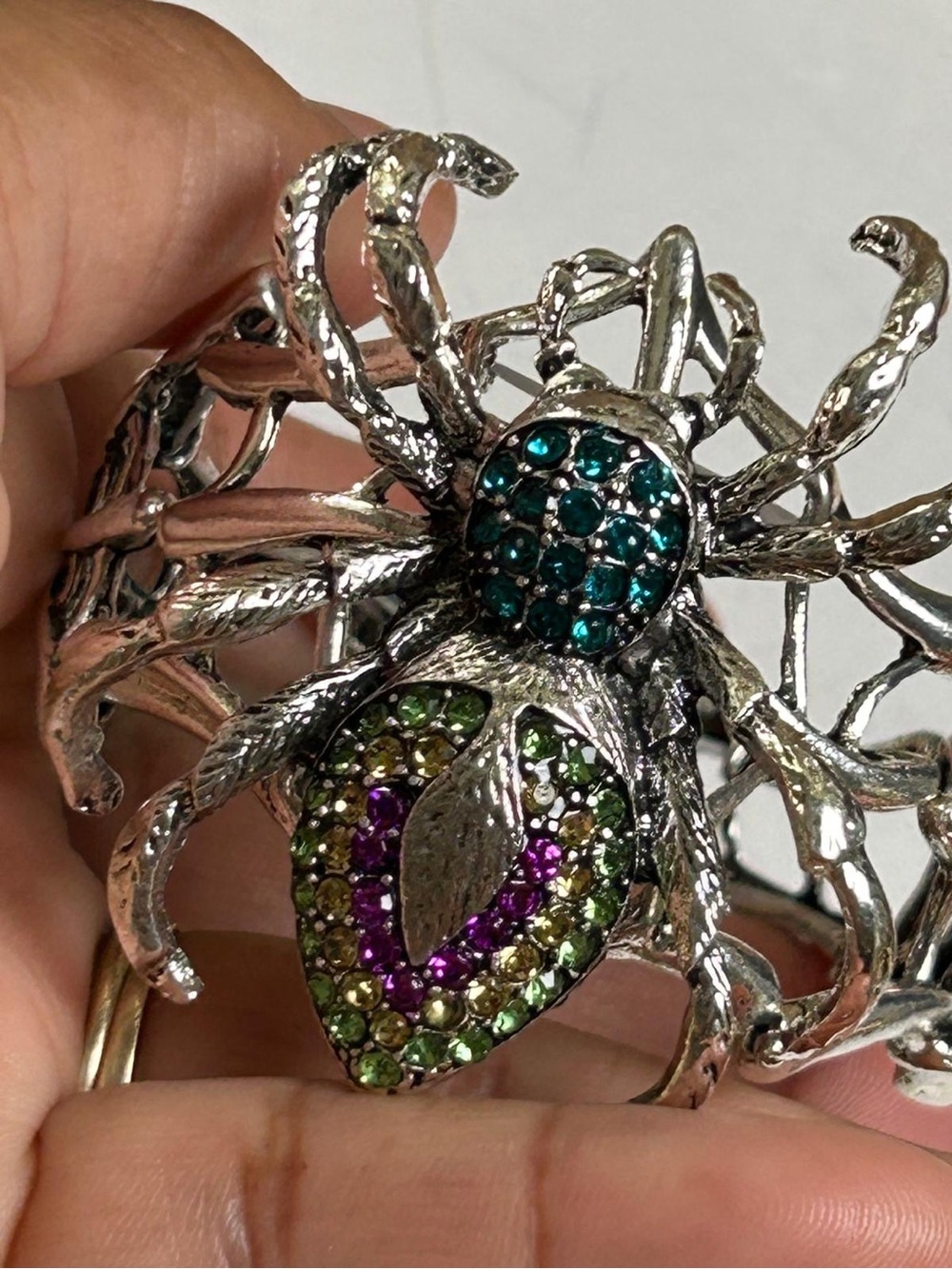 Silver Spider Cuff Bracelet with Green and Purple Crystal Accents